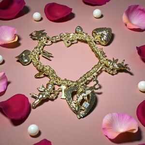 Gold-tone Charm Bracelet - Hearts, Cupid, Passion, Kissing Pair